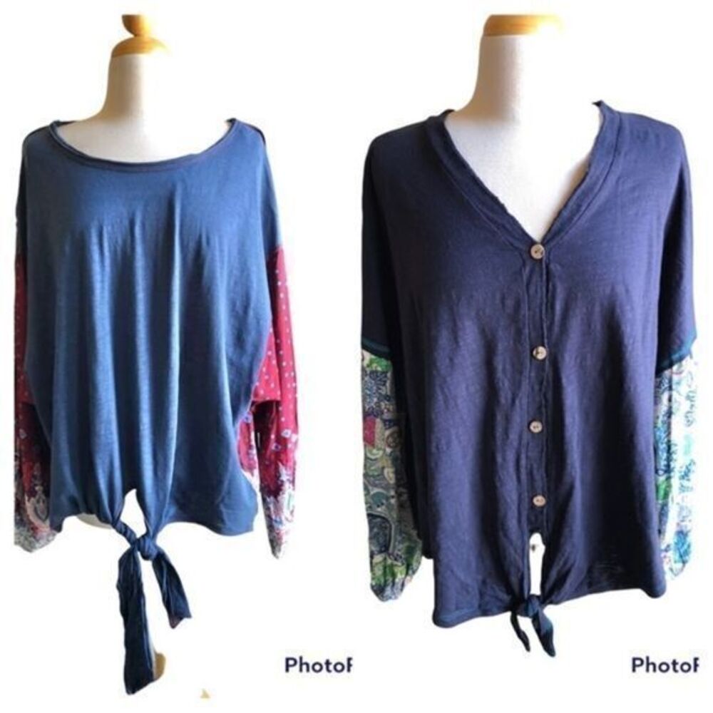 Umgee set of 2 navy tie waist print balloon sleeve tops 1X